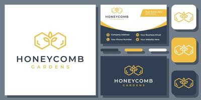 Honeycomb Leaf Beehive Farm Honey Bee Nature Organic Vector Logo Design with Business Card