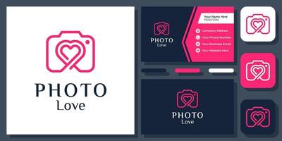 cámara foto amor fotografía fotógrafo fotografía contorno vector logo diseño con tarjeta de visita