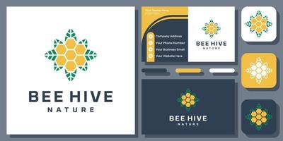 panal hoja ornamento abeja colmena naturaleza planta flor vector logo diseño con tarjeta de visita