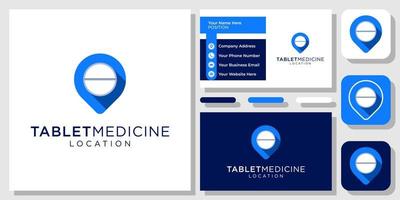 Tablet Medicine Pin Map Pill Capsule Location Pharmacy Icon Logo Design with Business Card Template