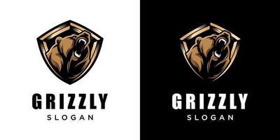 cabeza de oso grizzly ilustración animal enojado fuerte mascota con escudo seguridad símbolo vector logo diseño