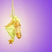 islamic ramadan kareem and eid al fitr with golden lantern and ketupat photo