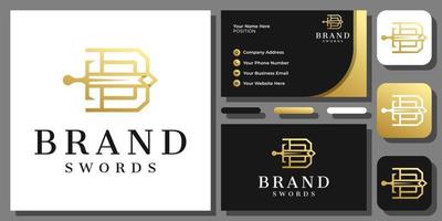 Initial Letter B Sword Gold Luxury Kingdom Knight Elegant Logo Design with Business Card Template vector