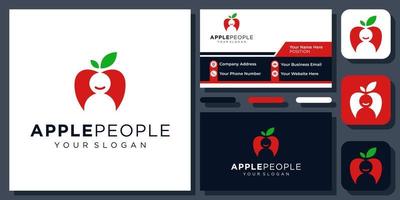 gente de manzana fruta comida saludable vegetariano feliz naturaleza vector logo diseño con tarjeta de visita