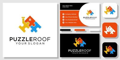 Puzzle Roof Jigsaw Home House Building Solution Toy Modern Logo Design with Business Card Template vector