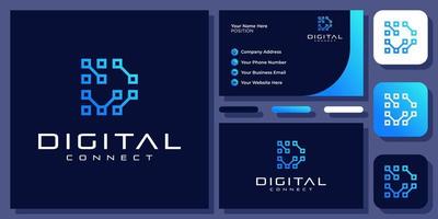 letra inicial d tecnología de conexión diseño de logotipo de vector de monograma simple digital con tarjeta de visita