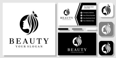 Beauty Face Female Woman Hair Beautiful Circle Leaf Nature Logo Design with Business Card Template vector