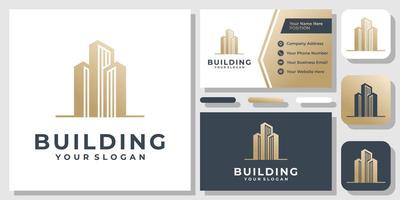 Buildings Gold Luxury Elegant City Abstract Architecture Logo Design with Business Card Template vector