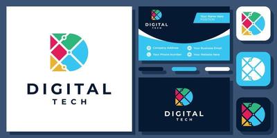 iniciales letra d tecnología de circuito de conexión diseño de logotipo vectorial multicolor con tarjeta de visita vector