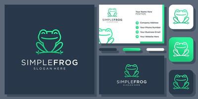 Simple Frog Toad Amphibian Animal Green Outline line Vet Icon Vector Logo Design with Business Card