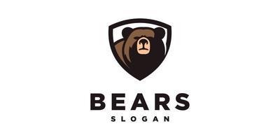 cabeza de oso grizzly ilustración animal enojado fuerte mascota con escudo seguridad símbolo vector logo diseño