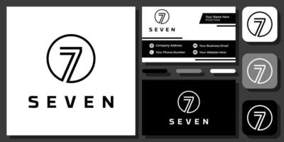 Initial Number 7 Seven Circle Simple Minimal Line Art Icon Vector Logo Design with Business Card