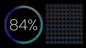 conjunto de medidores de porcentaje de círculo de gradiente de 0 a 100 para infografía, diseño de interfaz de usuario ui. colorido gráfico circular descargando el progreso de púrpura a blanco en fondo blanco. diagrama circular vector