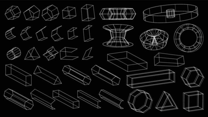 Set of abstract geometric technology elements in cyberpunk style. Retro vintage collection 3d virtual digital design. Texture 80s vr. Futuristic metaverse pattern. Vector isolated template background