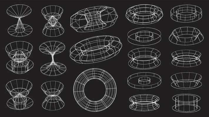 Set of abstract geometric technology elements in cyberpunk style. Retro vintage collection 3d virtual digital design. Texture 80s vr. Futuristic metaverse pattern. Vector isolated template background