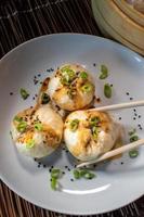 plate of chinese dumplings with green onions and chop sticks photo