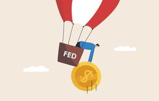 FED, raises interest rates to try to solve the inflation crisis. Inflation and interest rate hikes. A businessman floats on a giant balloon to salvage inflation. vector