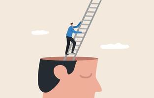 Overcome your limits. crosses the limit of thought. Transcending the limits of learning. Overcome success. looking for new challenges. Young man climbed the stairs from the giant head. vector