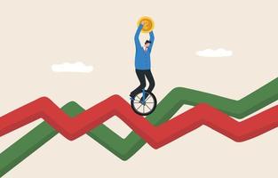 Protect your funds from stock market or crypto currency volatility. Economic crisis or inflation. Volatility up and down graph. Businessman riding a unicycle on a stock chart. vector