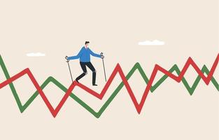 Stock market volatility or the stock chart that goes up and down alternately. investment risk and uncertainty.  A businessman walks carefully on the arrow graph. vector