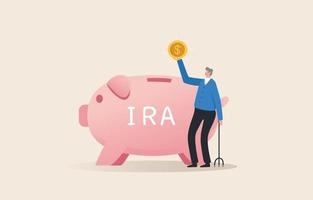 IRA, Individual retirement account. Pension plan for senior retiree, retirement savings fund. The old man and his deposit in the piggy bank.