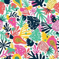 Seamless exotic pattern with creative modern fruits. Hand drawn trendy background. Abstract pattern with papaya pineapple and leaves. Design for cards, banners, print fabric, t-shirt. vector