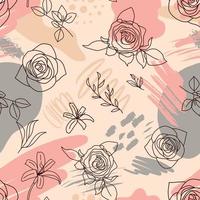 Flowers roses line pattern. Line illustrations with blots. pencil drawing on pink and grey color. vector