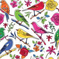 Seamless pattern. Birds nature animals illustration. Cute hand drawn bird and plants doodles. Line style in minimalism. Vector picture.