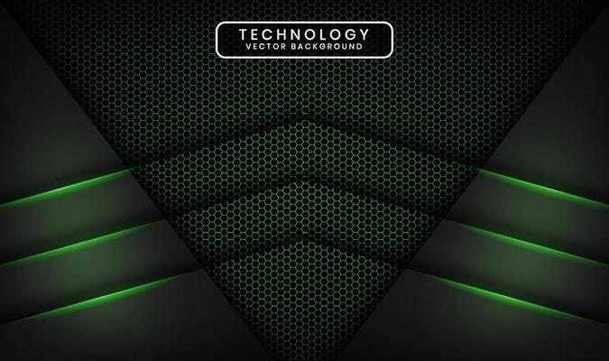 3D black technology abstract background overlap layer on dark space with green light effect decoration. Graphic design element future style concept for banner, flyer, brochure cover, or landing page
