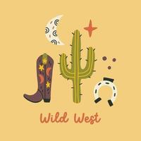 vaquero bota de herradura cactus oeste salvaje imprimir vector