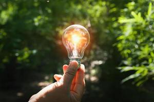 hand holding light bulb with sunshine in forest . concept clean energy photo