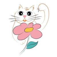 The kitten is holding a flower in his hand. Vector stock illustration. Isolated on a white background.