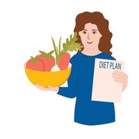 Nutritionist vector stock illustration. A female doctor holds a diet plan and a plate of vegetables in her hand. Isolated on a white background.