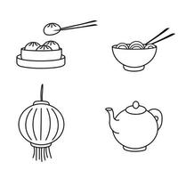 Lantern, kettle, dim sim, romaine, Chinese chopsticks. vector stock illustration. Isolated on a white background.