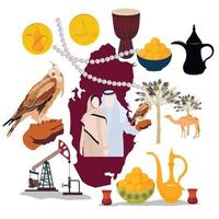 Qatar and its attractions vector stock illustration. Palm, camel, masulmani, oriental desserts, teapots, pearls, oil extraction, drums, Oriental teapot and sweets Luqaima.