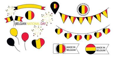 Independence Day of Belgium vector stock illustration. July 21. Elements for design. Flags, garlands, fireworks, fireworks, balloon. Isolated on a white background.