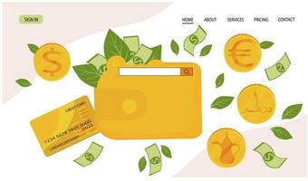 A wallet with coins from different countries. The concept of currency exchange. Finance. Euros, dollars, Russian rubles. Vector stock illustration for banner, power, website.