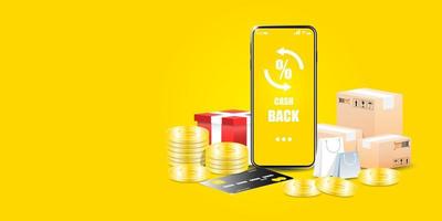 diseño de smartphone creativo vectorial, compras en línea para devolución de efectivo con moneda, tarjeta de crédito, pila de productos son elementos, ilustración de marketing digital. vector