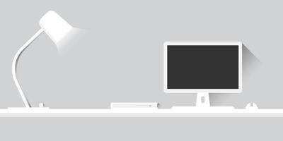 diseño de escritorio de mesa blanca, portátil en mesa blanca con ratón, libro y lámpara, ilustración vectorial. vector