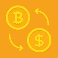 Ilustración de vector de intercambio de criptomoneda bitcoin. concepto de venta y compra de bitcoin. dinero criptográfico con símbolo de cambio de dólar en color dorado.