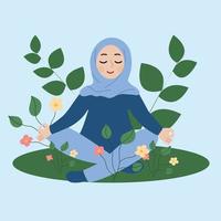Hijabi woman meditating asana position. Muslim girls meditation  illustration. Break muslim stereotypes. Break the bias concept. vector