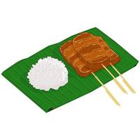 Thai food with sticky rice and grilled pork. Vector illustration.