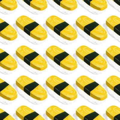 Seamless background with tamago sushi pattern. Tamago sushi. Japanese Food.
