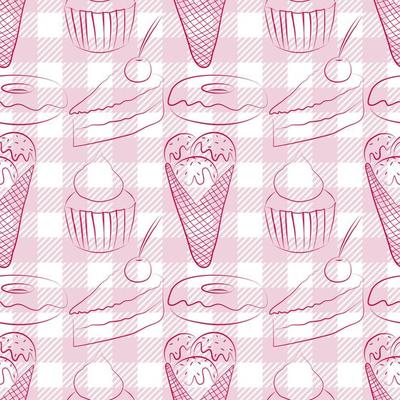 Seamless pattern with lines drawn dessert. Dessert and checkered background. Wrapping paper pattern.