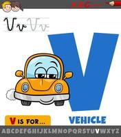 letter V from alphabet with cartoon vehicle character vector