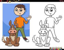 cartoon boy and his dog coloring page vector