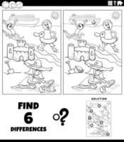 differences game with cartoon kids on the beach coloring page vector