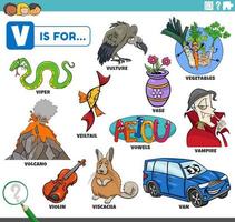 conjunto educativo de palabras de letra v con personajes de dibujos animados vector