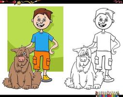 cartoon teen boy and his dog coloring page vector