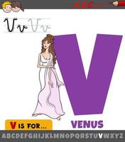 letra v del alfabeto con dibujos animados venus diosa romana vector